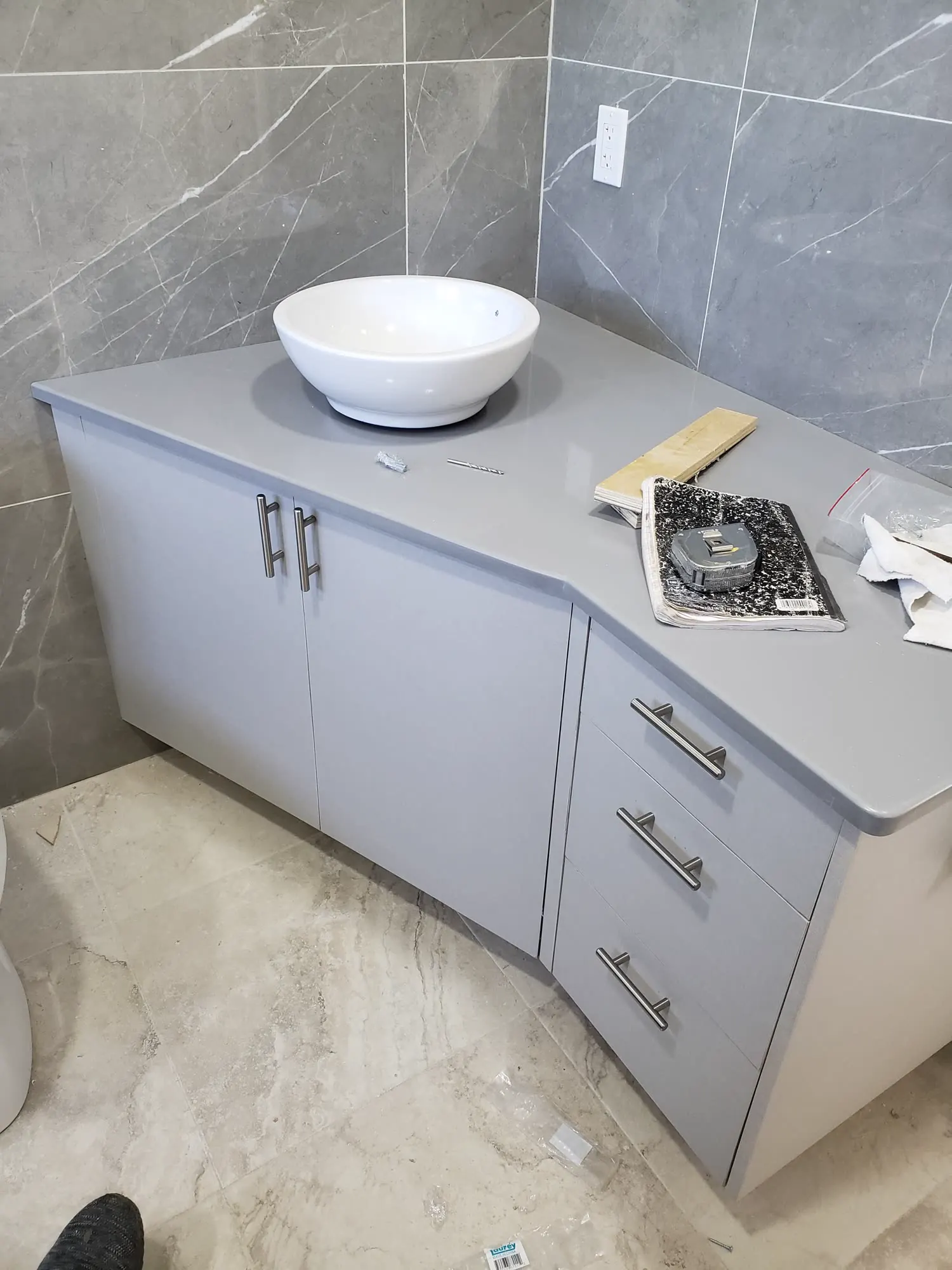 Custom vanity cabinetry fabricated for Nevis bathroom