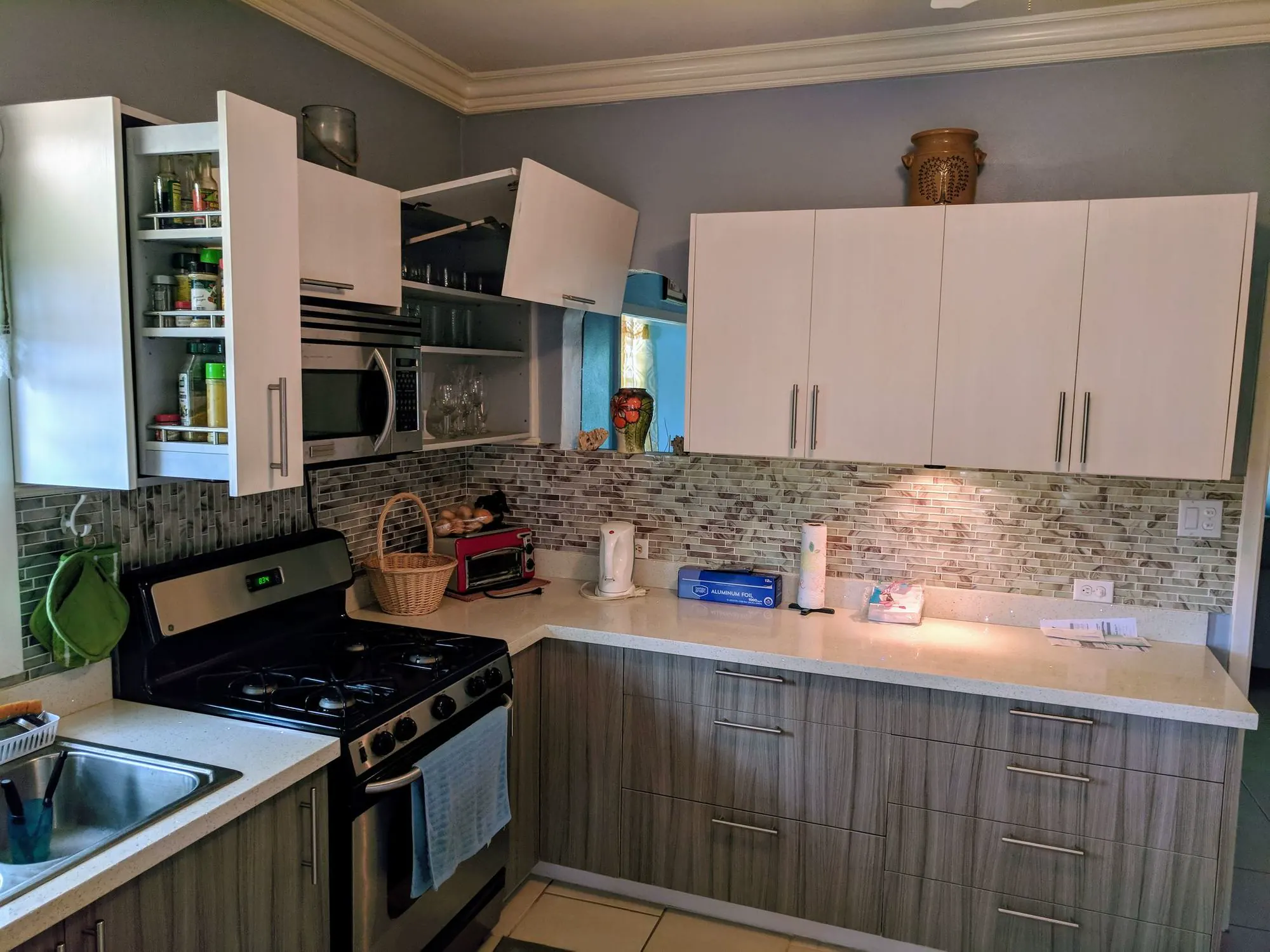 Solid wood kitchen cabinetry detail in Charlestown Nevis