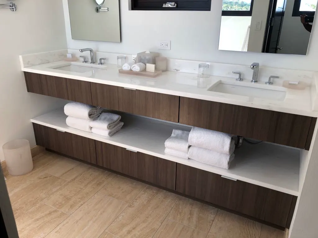 Custom bathroom installation with floating vanity in Charlestown Nevis